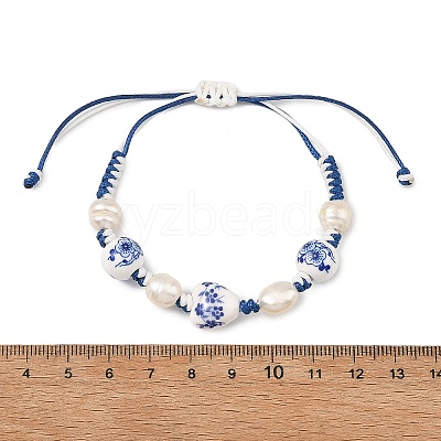 Adjustable Handmade Chinoiserie Floral Printed Porcelain Heart Beads & Natural Pearl Braided Bead Bracelets for Women BJEW-JB14209-1