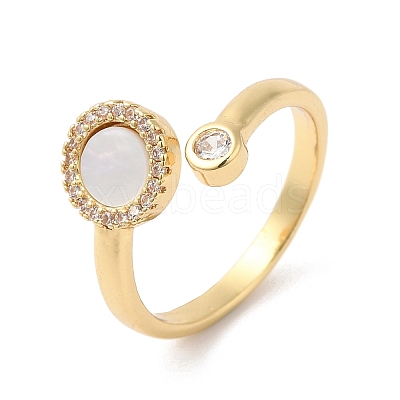 Natural Shell Flat Round Open Cuff Ring with Clear Cubic Zirconia RJEW-L106-017G-1