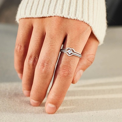 2Pcs Heart 925 Sterling Silver Micro Pave Clear Cubic Zirconia Finger Rings for Women FS-WG4005F-03-1