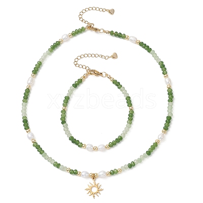Dyed Natural Malaysia Jade & Natural Cultured Freshwater Pearl Bead Bracelets & Necklaces Sets SJEW-JS01373-02-1