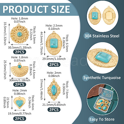 10Pcs 5 Styles Bohemian Style 304 Stainless Steel with Synthetic Turquoise Pendants STAS-TA0006-21-1
