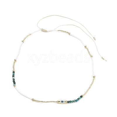 Adjustable Miyuki Seed & Natural African Turquoise & Brass Evil Eye Beaded Necklaces NJEW-O127-03-1