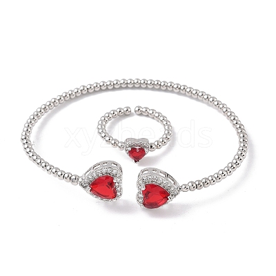 Heart Brass Micro Pave Cubic Zirconia Cuff Bangles & Rings Sets for Women SJEW-R002-05P-05-1