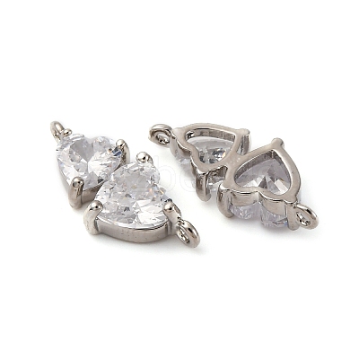 Brass Pave Clear Cubic Zirconia Double Heart Connector Charms KK-P308-74P-1
