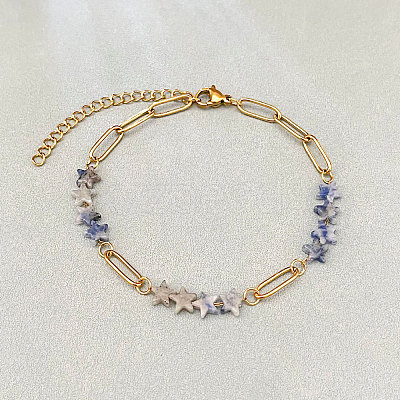 Natural Blue Spot Jasper Star Beaded Bracelets with 304 Stainless Steel Paperclip Chains WGC91F5-01-1