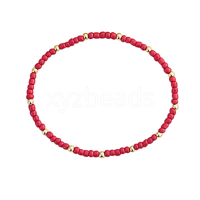 Round Glass Seed Beads & Brass Stretch Bracelets for Women UX1023-6-1