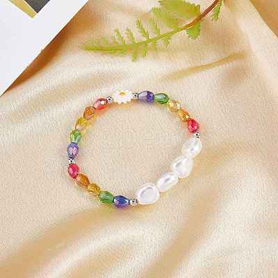 3Pcs Natural Shell & Plastic Pearl Flower & Glass Beaded Necklaces and Stretch Bracelet Set SJEW-SW00010-05-1