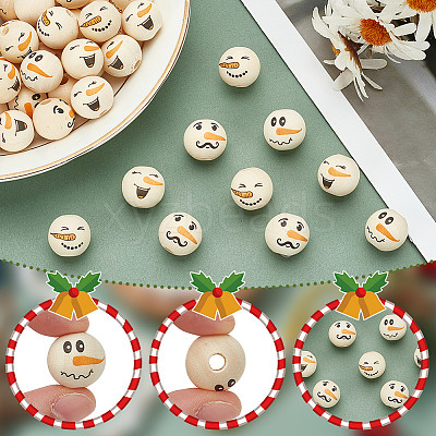 80Pcs 4 Styles Snowman Theme Printed Wood European Beads WOOD-PH0003-04B-1