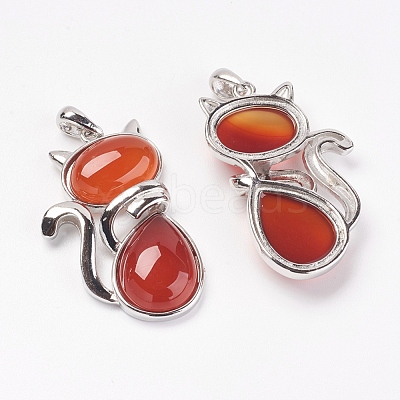 Natural Carnelian/Red Agate Kitten Pendants G-G713-B01-1