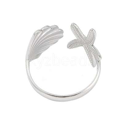 304 Stainless Steel Starfish & Shell Open Cuff Rings for Women RJEW-C095-09P-1