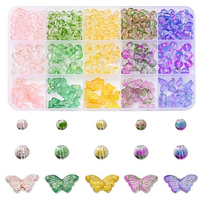 410Pcs 15 Style Transparent Spray Painted Glass Beads GLAA-YW0001-81-1