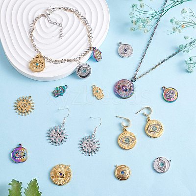 16Pcs 8 Style Eye Theme 304 Stainless Steel Rhinestone Pendants STAS-SZ0002-85P-1