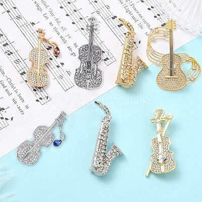 7Pcs 7 Styles Musical Instruments Alloy Rhinestone Lapel Pin Backs for Backpack Clothes JEWB-CJ0001-91-1