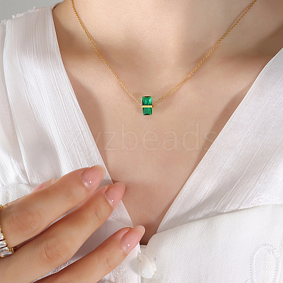 Rectangle Glass Pendant 304 Stainless Steel Cable Chain Necklaces for Women FS-WGAF7A7-05-1