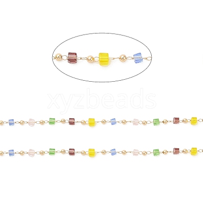 Faceted Cube Glass & Round Beaded Chains CHC-G018-03KCG-03-1