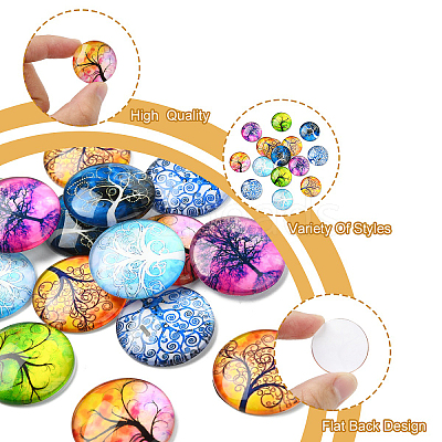 15Pcs Half Round with Tree Pattern Glass Flatback Cabochons for DIY Projects GGLA-YW0001-20-1