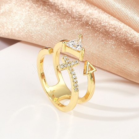 Cross & Triangle Brass Micro Pave Clear Cubic Zirconia Open Cuff Rings for Women RJEW-G343-22G-1