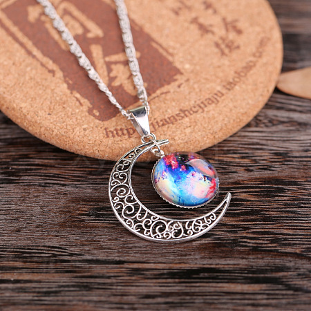 Alloy Glass Moon Syb Pendant Lumachina Chain Necklaces for Women WGDF061-04-1