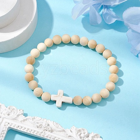 Wood Beads Stretch Bracelets for Men BJEW-JB11303-03-1