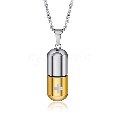 Two Tone 316L Stainless Steel Pill with Cross Urn Ashes Pendant Necklace with Cable Chains BOTT-PW0001-010PG-1