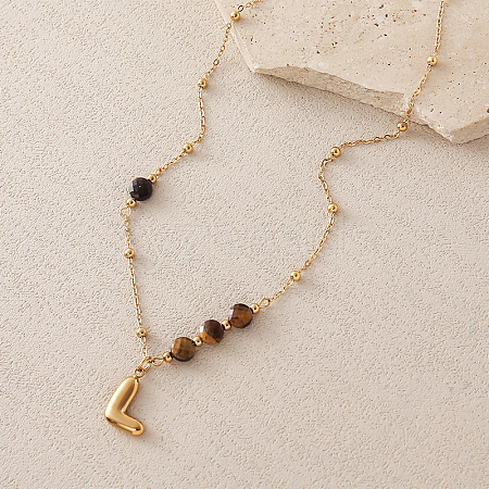 European Faceted Natural Tiger Eye 304 Stainless Steel Alphabet Pendant Necklaces QN9691-12-1