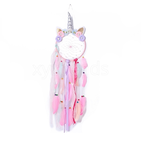 Handmade Unicorn Woven Net/Web with Feather Wall Hanging Decoration HJEW-A001-01A-1