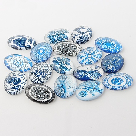 Blue and White Floral Theme Ornaments Glass Oval Flatback Cabochons X-GGLA-A003-18x25-YY-1