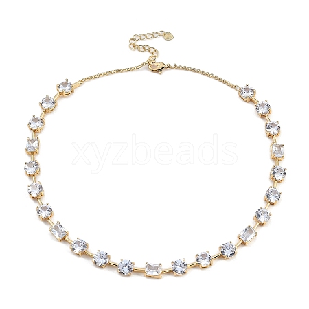 Brass Clear Cubic Zirconia Flat Round & Rectangle Cup Chain Necklaces for Women NJEW-U015-04G-1