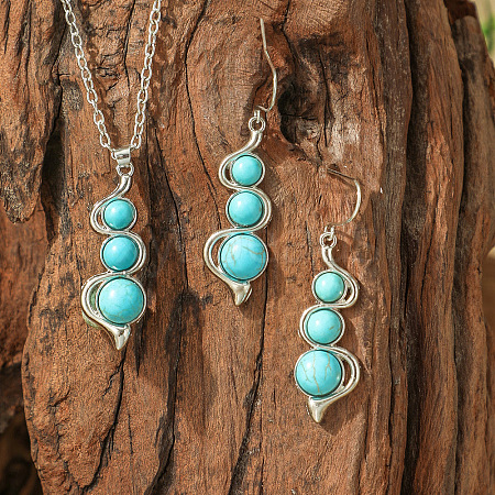 Bohemian Style Alloy & Synthetic Turquoise Pendant Necklaces & Dangle Earrings Sets WG2E1B4-07-1