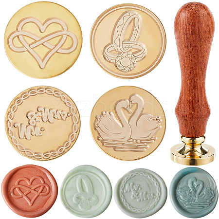 CRASPIRE 4Pcs 4 Styles Wedding Theme Golden Tone Brass Wax Seal Stamp Head AJEW-CP0007-49A-01-1