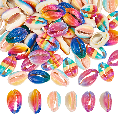  60Pcs 6 Colors Printed Natural Cowrie Shell Beads SSHEL-NB0001-42-1