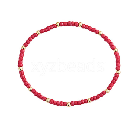 Round Glass Seed Beads & Brass Stretch Bracelets for Women UX1023-6-1