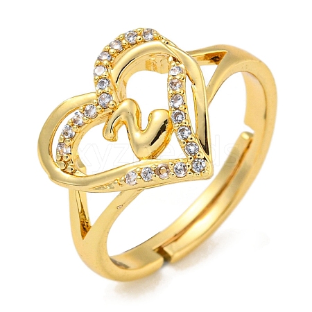 Heart with Letter Rack Plating Brass Micro Pave Clear Cubic Zirconia Adjustable Rings for Women RJEW-I105-01G-Z-1