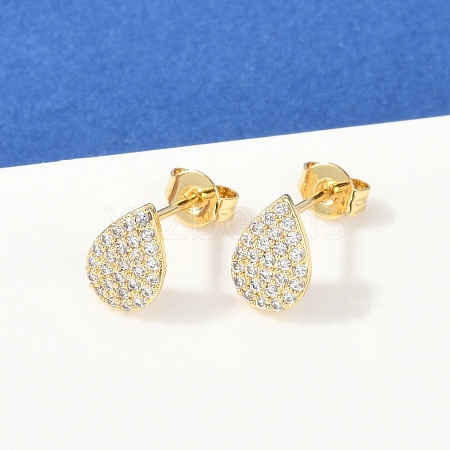 Teardrop Brass Micro Pave Clear Cubic Zirconia Stud Earrings EJEW-Z091-01G-1