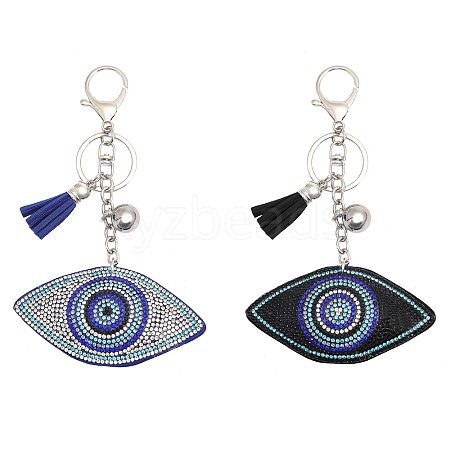 Globleland 2Pcs 2 Colors Handmade Turkish Evil Eye Rhinestone Pendant Keychain with Tassel Charm KEYC-GL0001-03-1