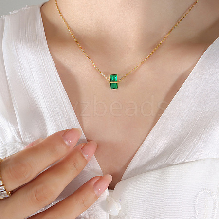 Rectangle Glass Pendant 304 Stainless Steel Cable Chain Necklaces for Women FS-WGAF7A7-05-1