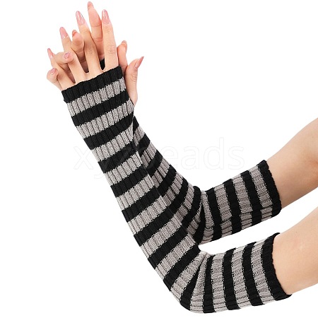 Stripe Acrylic Fibers Knitting Long Fingerless Gloves PW-WG9BE2E-03-1