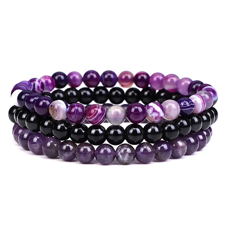 3Pcs 3 Style Natural Amethyst & Black Agate Round Beaded Stretch Bracelets Set PW23030762789-1