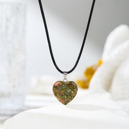 Natural Unakite Heart Pendant Black Cord Necklaces NI9317-20-1