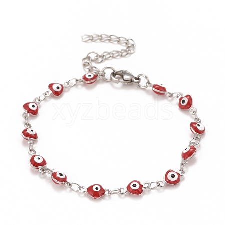 Enamel Heart with Evil Eye Link Chains Bracelet BJEW-P271-06P-03-1