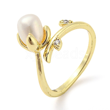 Flower Natural Pearl Cuff Ring with Rhinestone RJEW-H220-14G-1