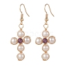 Natural Shell & Amethyst Braided Cross Dangle Earrings EJEW-JE04954-01-1