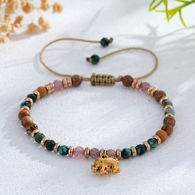 Adjustable Natural Picture Jasper & African Turquoise(Jasper) & Strawberry Quartz Beads Braided Bead Bracelets SX3776-1