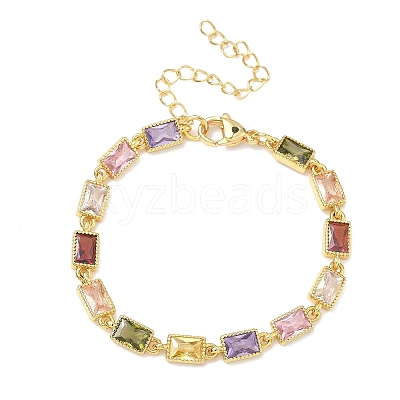 Rectangle Brass Pave Cubic Zirconia Link Chain Bracelets for Women BJEW-P385-05G-1
