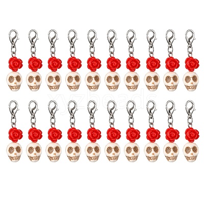 Skull Synthetic Turquoise & Resin Rose Pendant Decorations HJEW-JM03998-1