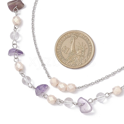 2Pcs 2 Styles Natural Amethyst Chip & Glass & 304 Stainless Steel Handmade Link Chain Double Layer Necklaces for Women NJEW-JN05363-1