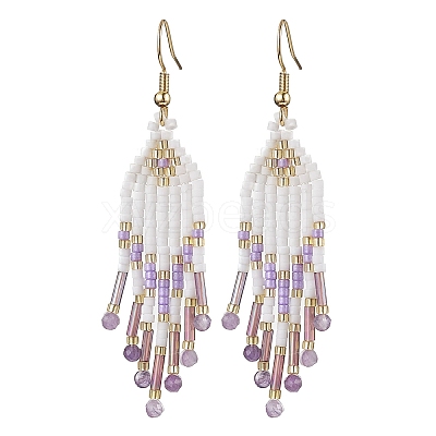 Woven Seed Beads & Natural Gemstone Tassel Earrings EJEW-MZ00154-1