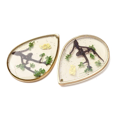 Brass & Transparent Epoxy Resin & Dried Flower Pendants RESI-G133-03G-03-1