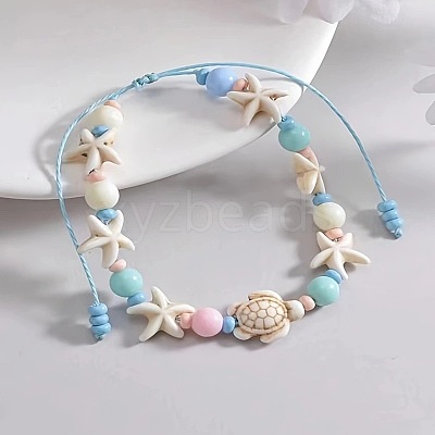 Bohemian Style Acrylic Starfish Turtle & Round Glass Beaded Braided Anklets for Women FS-WG26544-01-1