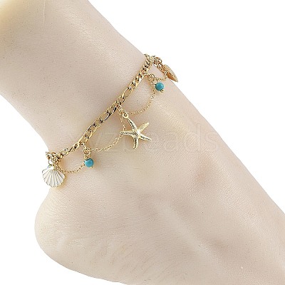 Ocean Synthetic Turquoise Beads & Alloy Starfish Shell Shape Charm Anklets with 304 Stainless Steel Cable Chain Tassel for Women AJEW-TA00069-1
